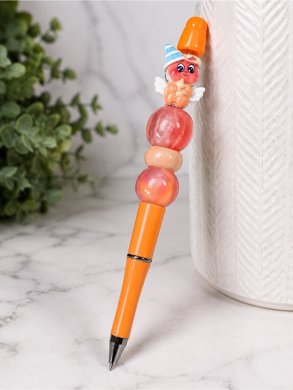 Hand Crafted Orange Beaded Character Pen with Playful Topper